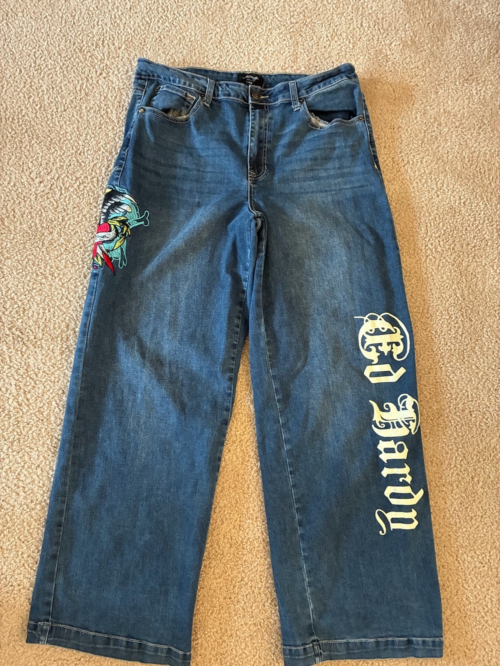 Ed Hardy Y2K Embroidered Brave Eagle Heart Wide Leg Jeans